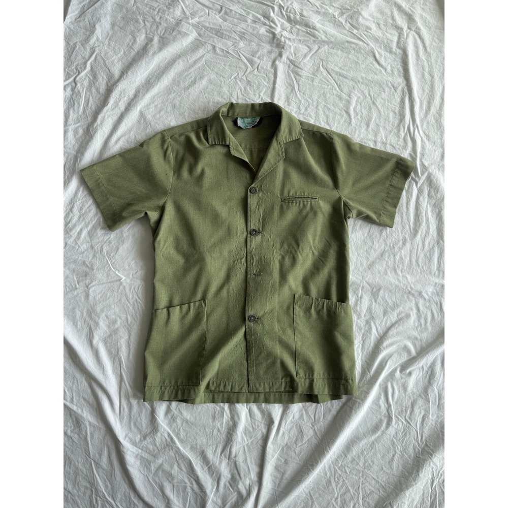 Vintage 1960s Tropi-Cool Green Utility Camp Shirt Short Sleeve Small